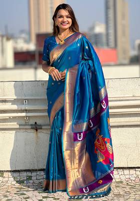 Blue woven self design pure silk paithani saree with blouse 1