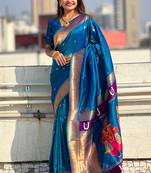 Blue woven self design pure silk paithani saree with blouse