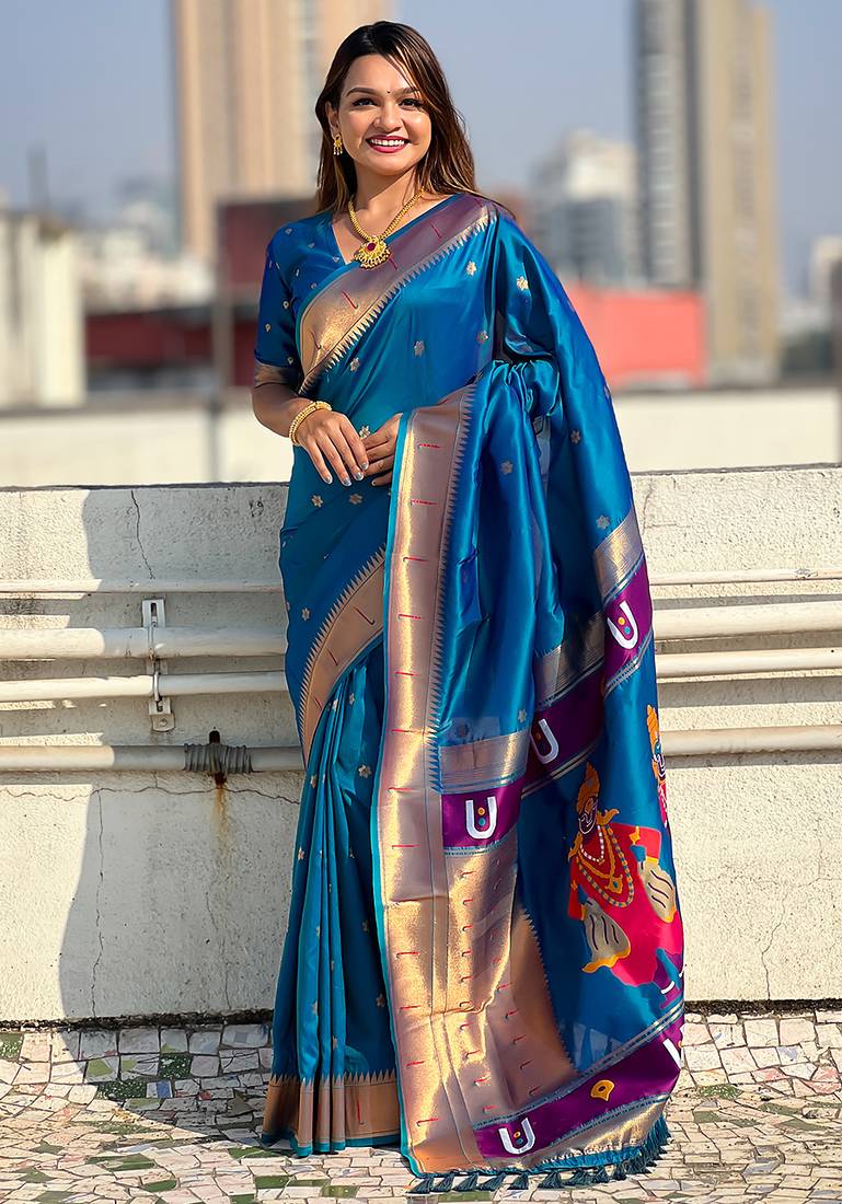 Blue woven self design pure silk paithani saree with blouse