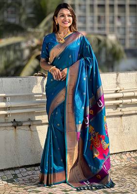 Blue woven self design pure silk paithani saree with blouse 2
