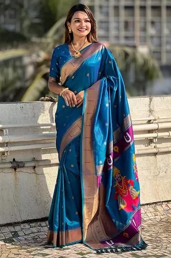 Blue woven self design pure silk paithani saree with blouse