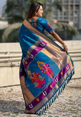 Blue woven self design pure silk paithani saree with blouse 4