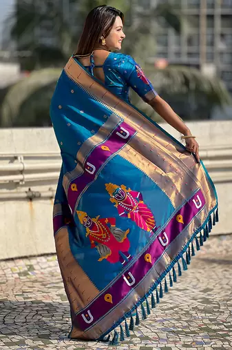 Blue woven self design pure silk paithani saree with blouse
