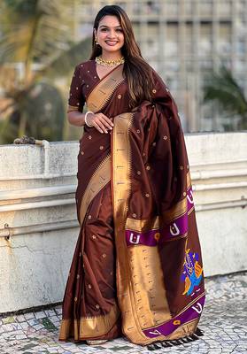 Brown woven self design pure silk paithani saree with blouse 1