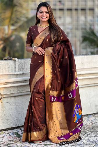 Brown woven self design pure silk paithani saree with blouse
