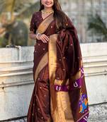 Brown woven self design pure silk paithani saree with blouse