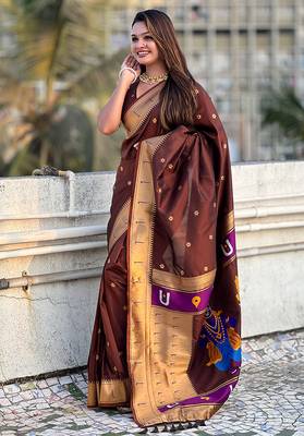 Brown woven self design pure silk paithani saree with blouse 2
