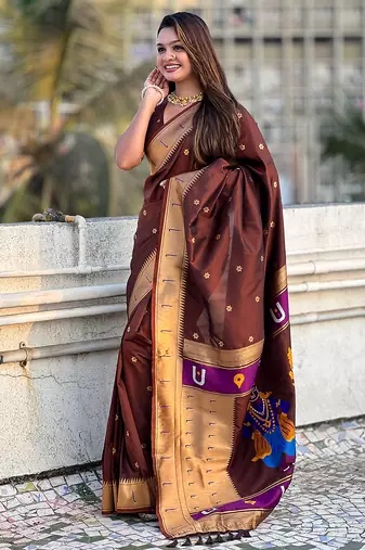 Brown woven self design pure silk paithani saree with blouse