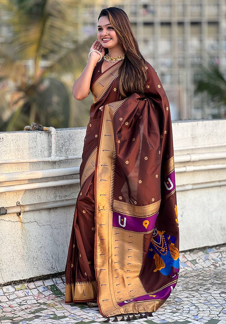 Brown woven self design pure silk paithani saree with blouse