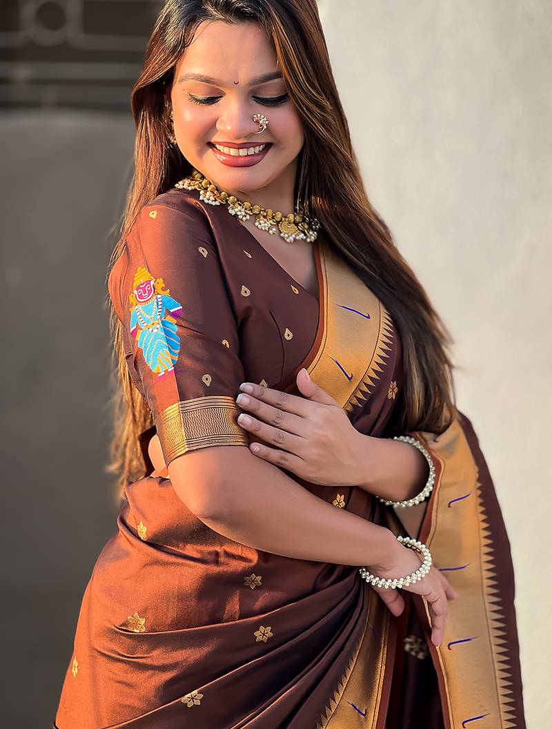 Brown woven self design pure silk paithani saree with blouse