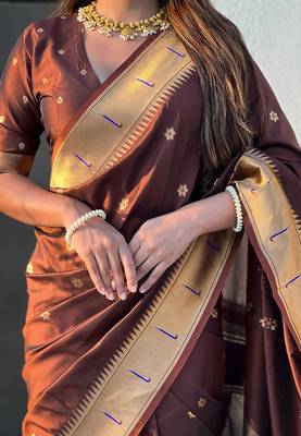 Brown woven self design pure silk paithani saree with blouse 4