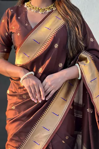 Brown woven self design pure silk paithani saree with blouse
