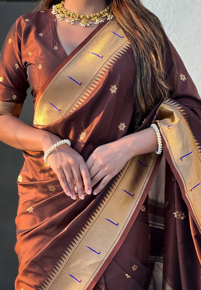 Brown woven self design pure silk paithani saree with blouse
