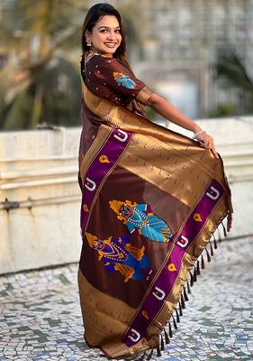 Brown woven self design pure silk paithani saree with blouse 5