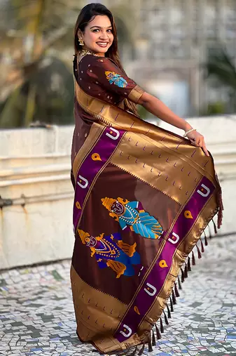 Brown woven self design pure silk paithani saree with blouse