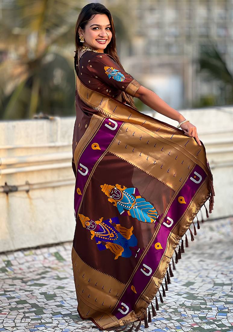 Brown woven self design pure silk paithani saree with blouse