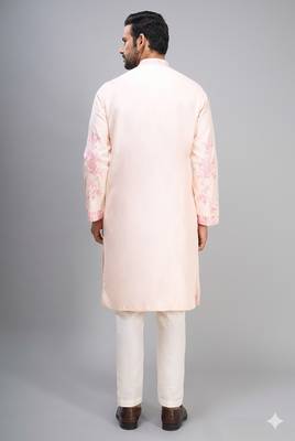 men’s cream silk kurta set with pink floral embroidery 2