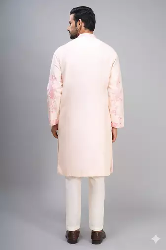men’s cream silk kurta set with pink floral embroidery