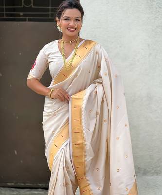Cream woven self design pure silk paithani saree with blouse 2