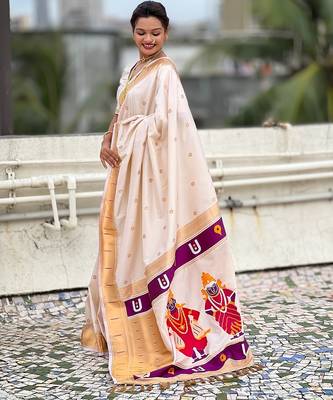 Cream woven self design pure silk paithani saree with blouse 3