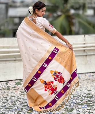 Cream woven self design pure silk paithani saree with blouse 5
