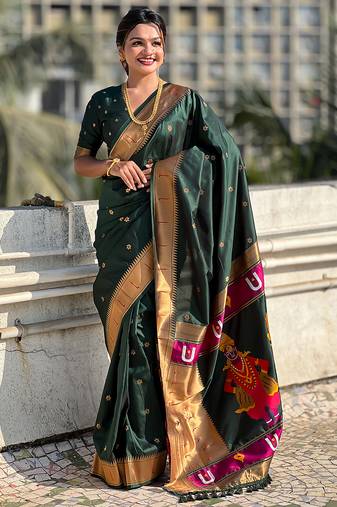 Dark green woven self design pure silk paithani saree with blouse