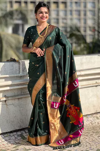 Dark green woven self design pure silk paithani saree with blouse