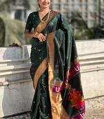 Dark green woven self design pure silk paithani saree with blouse
