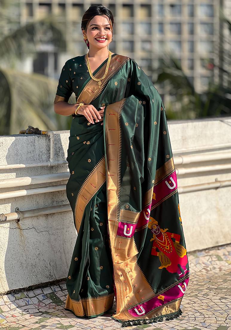 Dark green woven self design pure silk paithani saree with blouse