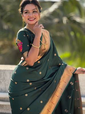 Dark green woven self design pure silk paithani saree with blouse 3
