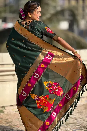 Dark green woven self design pure silk paithani saree with blouse