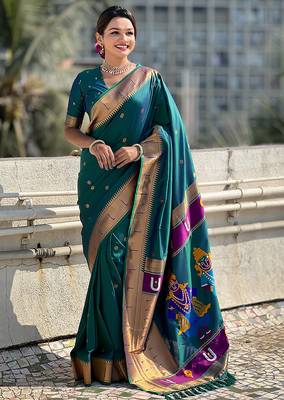 Firozi woven self design pure silk paithani saree with blouse 1