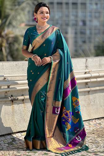 Firozi woven self design pure silk paithani saree with blouse