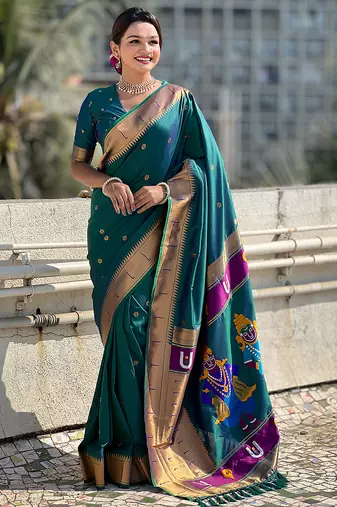 Firozi woven self design pure silk paithani saree with blouse