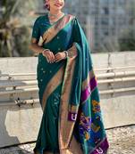 Firozi woven self design pure silk paithani saree with blouse