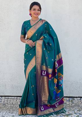 Firozi woven self design pure silk paithani saree with blouse 2