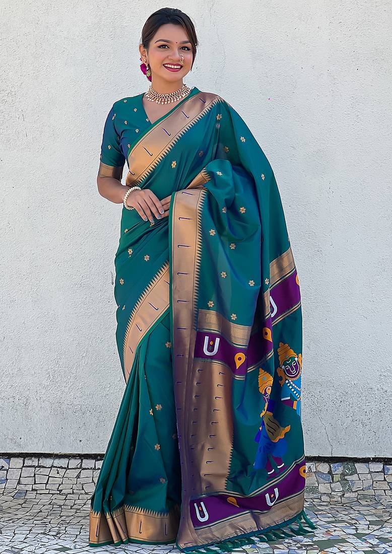 Firozi woven self design pure silk paithani saree with blouse