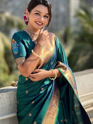 Firozi woven self design pure silk paithani saree with blouse 3