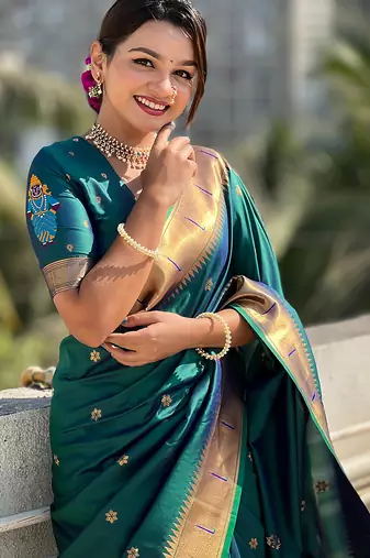 Firozi woven self design pure silk paithani saree with blouse