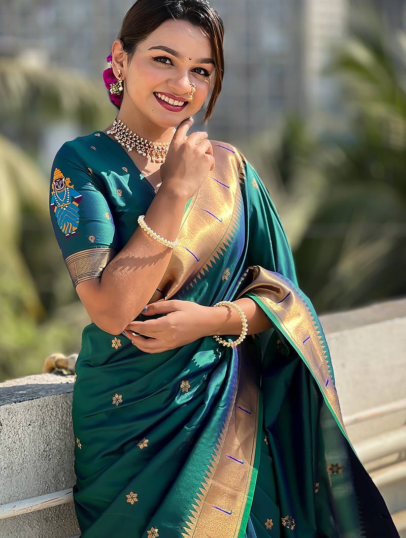 Firozi woven self design pure silk paithani saree with blouse