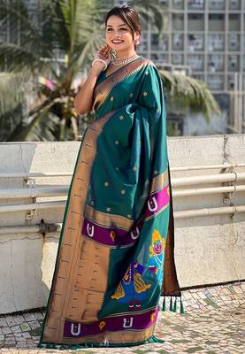 Firozi woven self design pure silk paithani saree with blouse 4