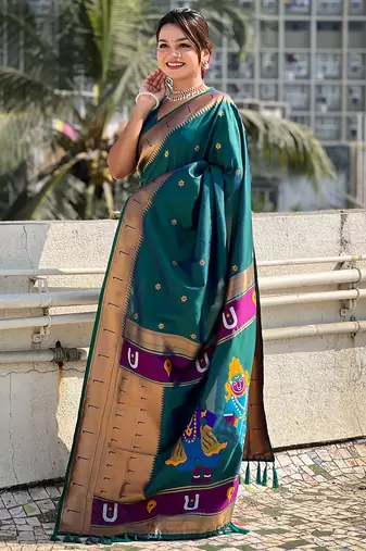 Firozi woven self design pure silk paithani saree with blouse