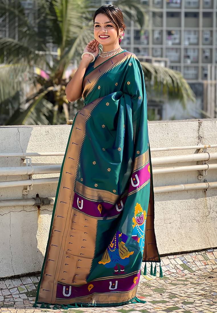 Firozi woven self design pure silk paithani saree with blouse