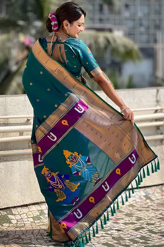 Firozi woven self design pure silk paithani saree with blouse