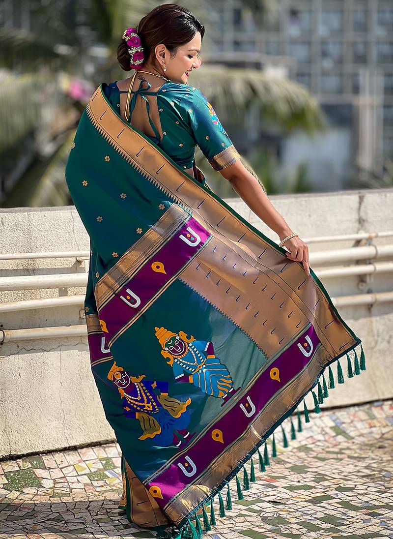 Firozi woven self design pure silk paithani saree with blouse