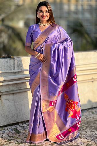 Lavender woven self design pure silk paithani saree with blouse