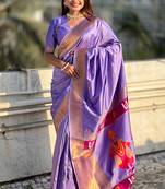 Lavender woven self design pure silk paithani saree with blouse