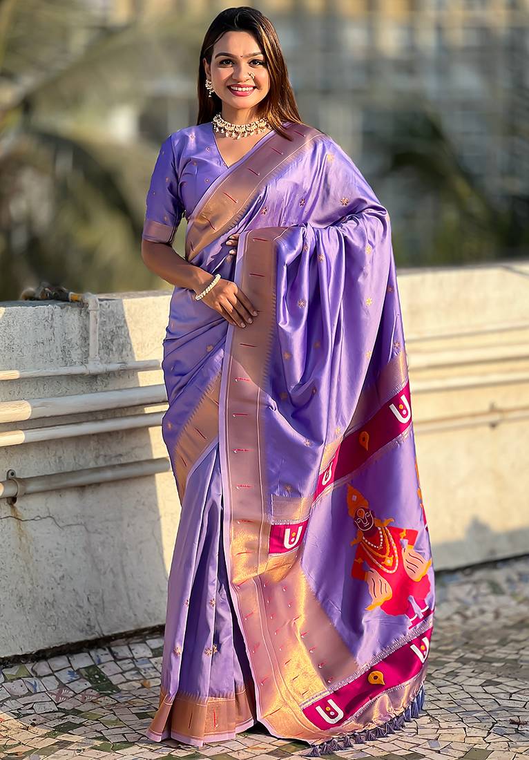 Lavender woven self design pure silk paithani saree with blouse