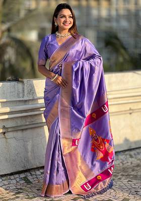 Lavender woven self design pure silk paithani saree with blouse 2