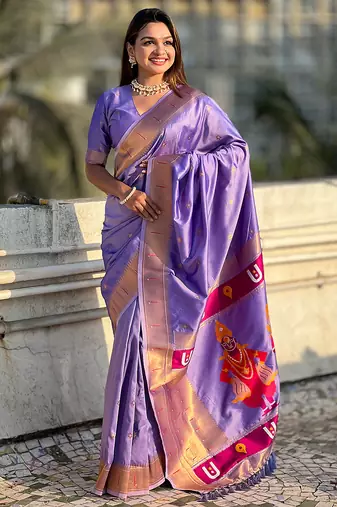 Lavender woven self design pure silk paithani saree with blouse